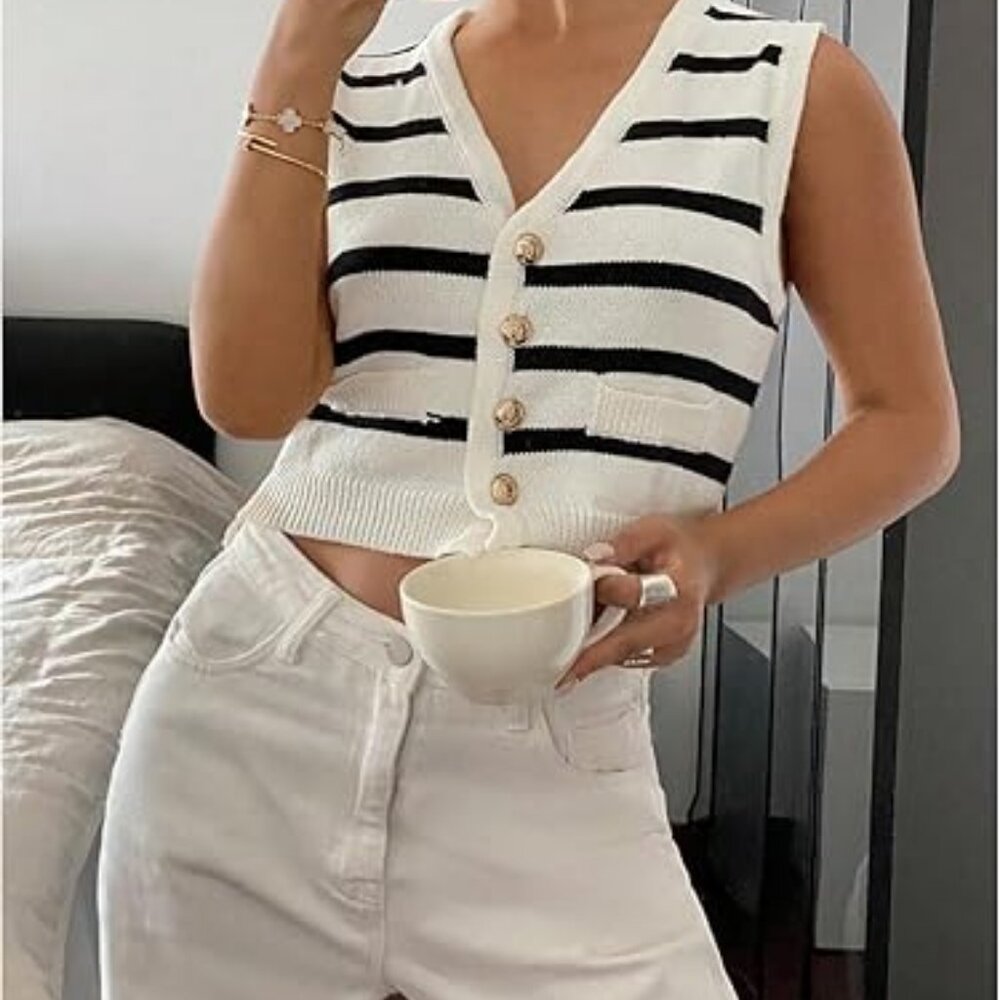 SOLY HUX Striped Button Down Sweater Vest • V Neck Knit Tank